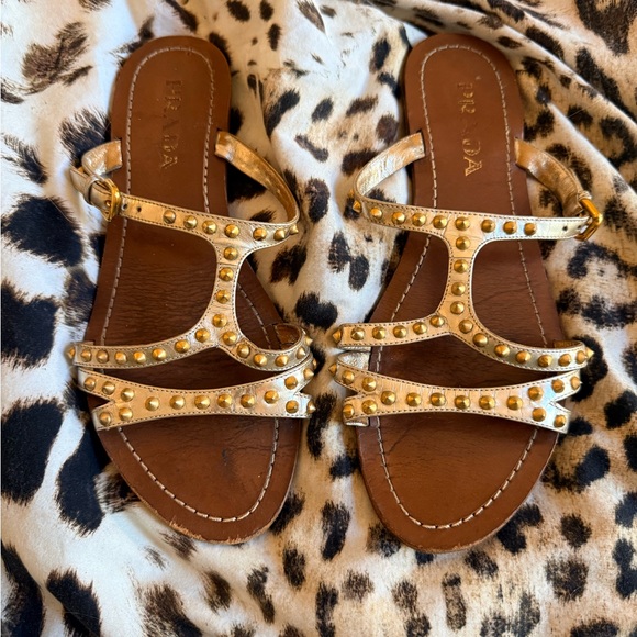 Prada Shoes - Prada Gold Studded Flat Sandals